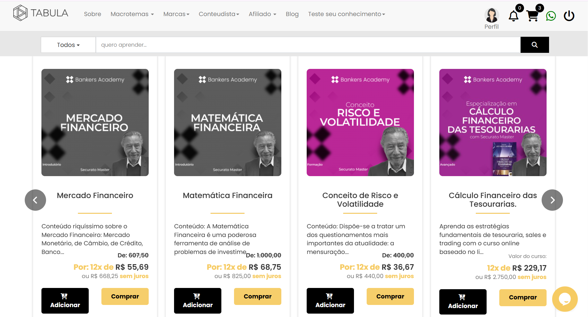 Catálogo de cursos da Bankers Academy na plataforma Tabula